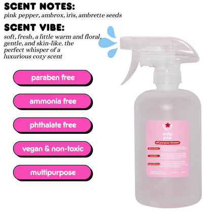A graphic showing the viral Tiktok brand Chubby Star's amazing scented Only You all purpose/ multipurpose cleaning spray that is a scent dupe of the viral Glossier You scent. It is a soft floral, gentle skin like cozy scent