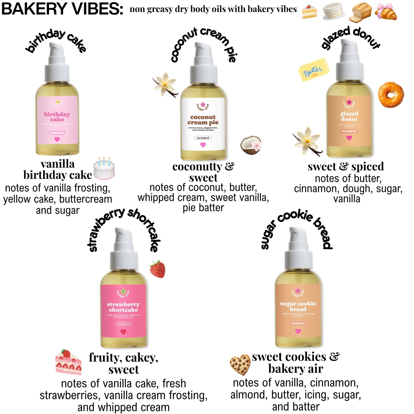 scented body oil bottles with bakery-themed labels and scents on a white background