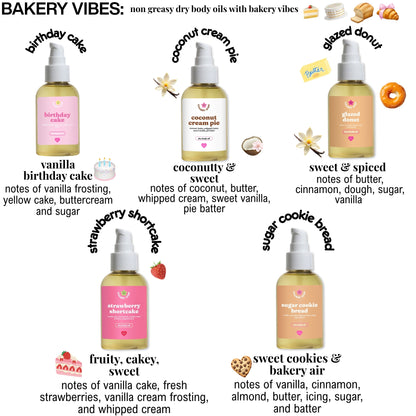 scented body oil bottles with bakery-themed labels and scents on a white background