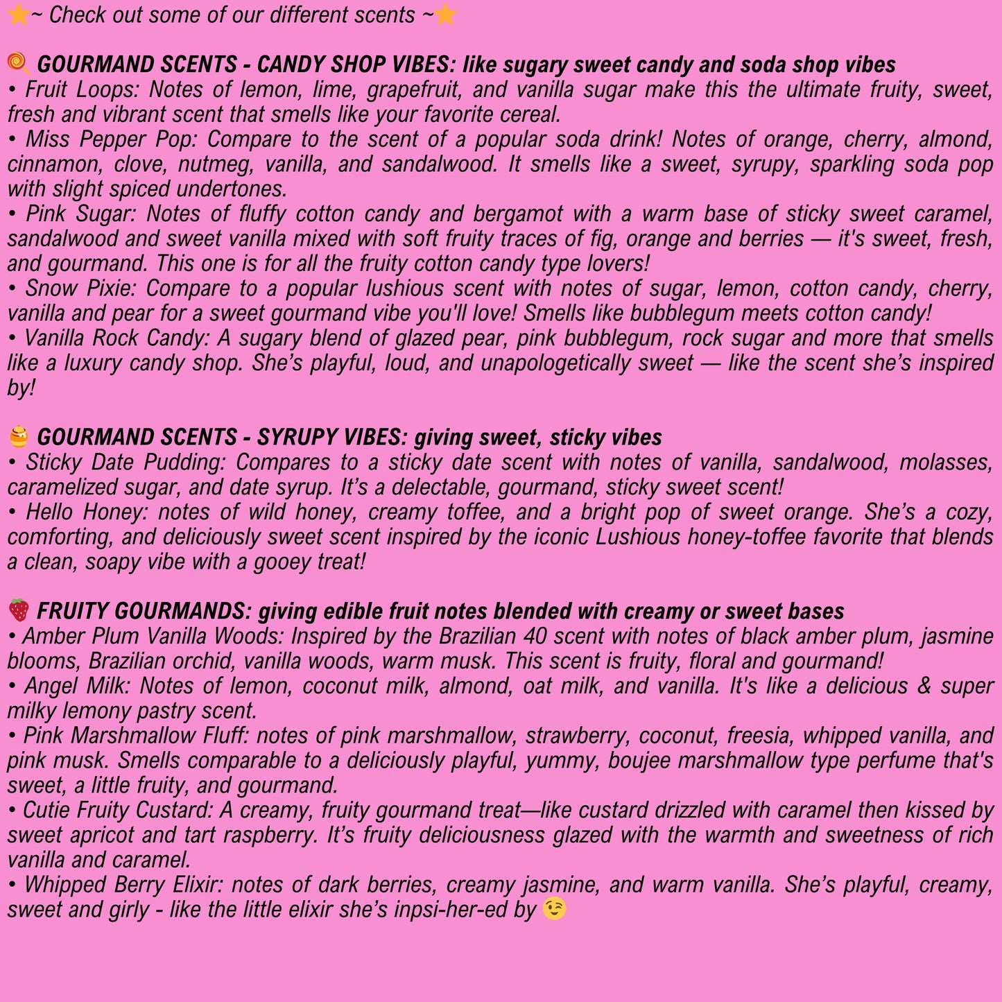 List of gourmand body care scents with descriptions on a pink background