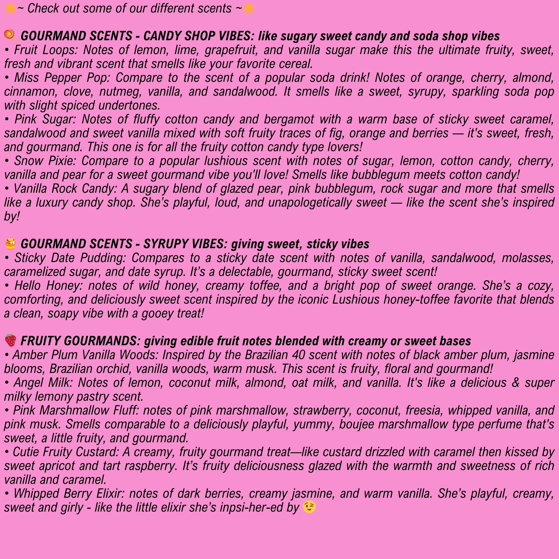 List of gourmand body care scents with descriptions on a pink background