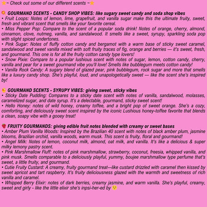 List of gourmand body care scents with descriptions on a pink background