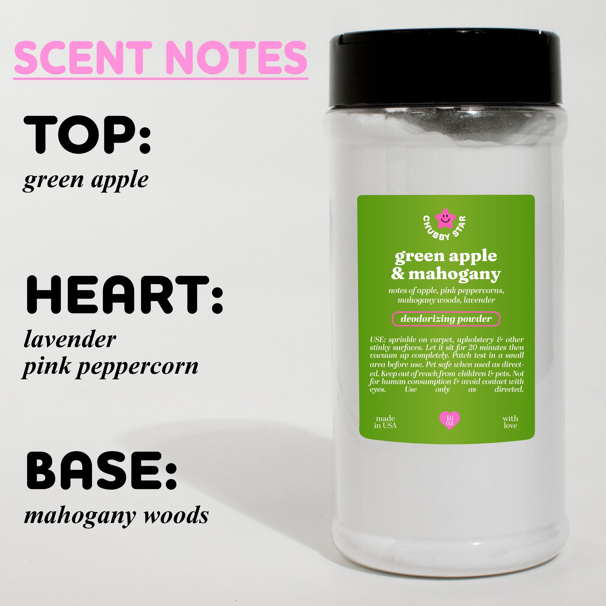 green apple mahogany scented carpet powder scent description on a white background