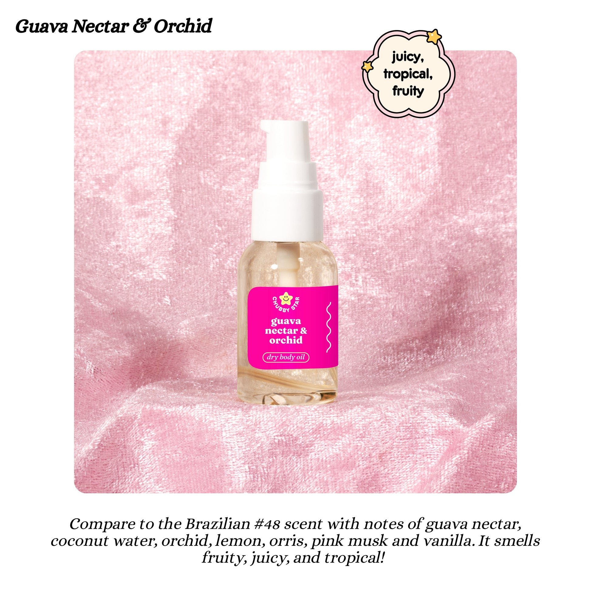 Bottle of sdj 48 Guava Nectar & Orchid dry body oil on a pink textured background