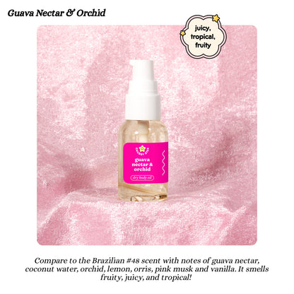 Bottle of sdj 48 Guava Nectar & Orchid dry body oil on a pink textured background