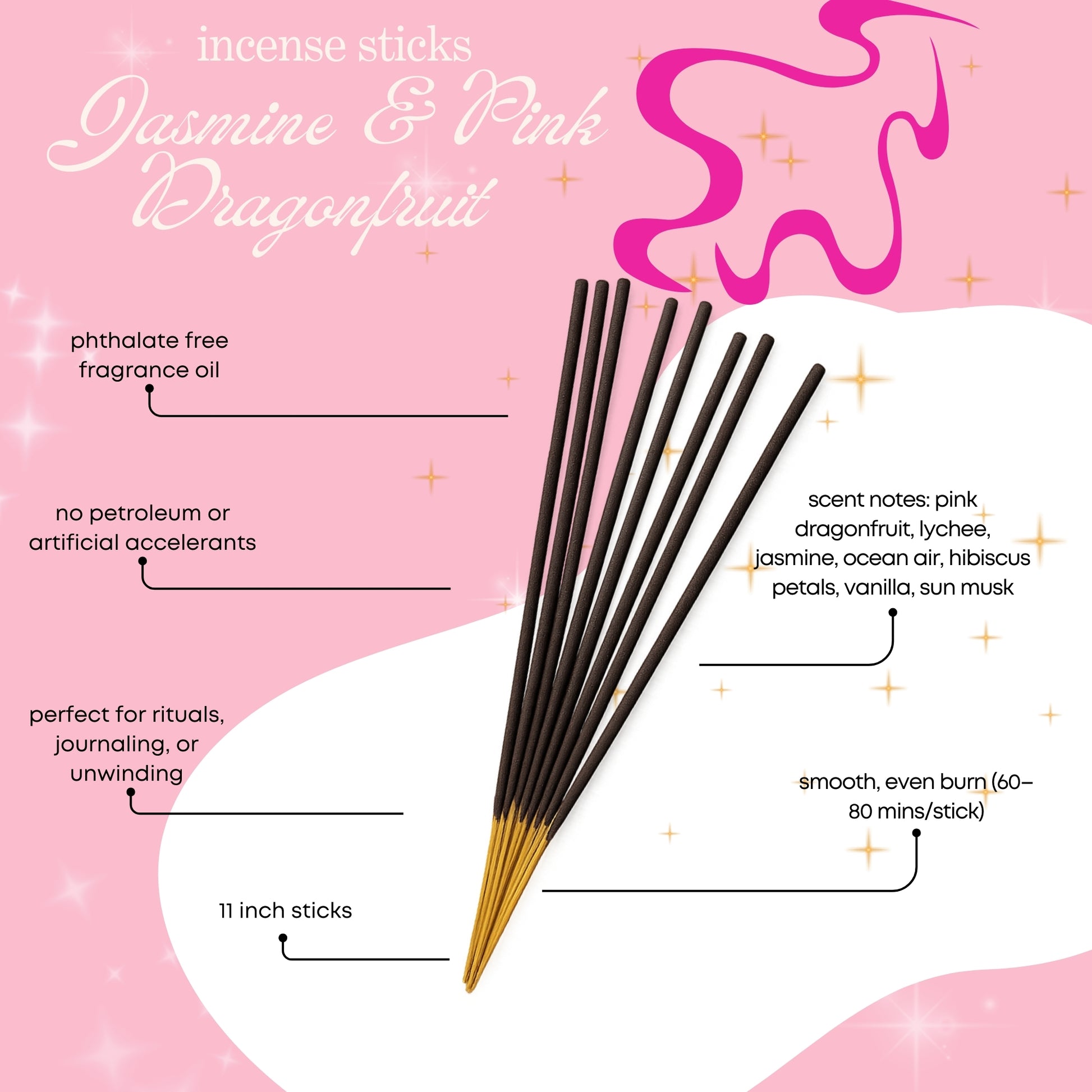 jasmine pink dragonfruit brazilian crush 68 scented incense sticks with product details on a pink background