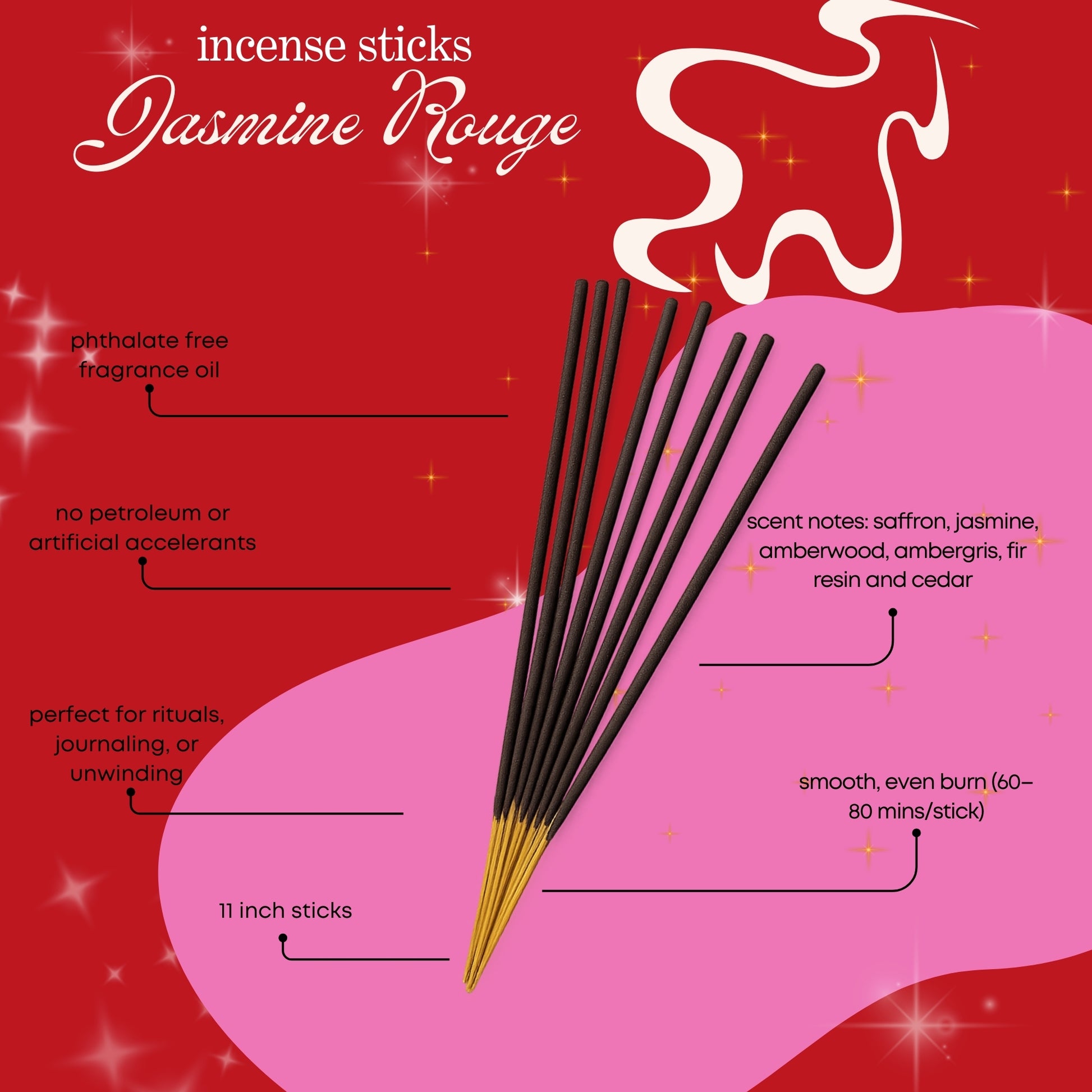 Incense sticks labeled 'Jasmine Rouge' on a red and pink background with text about product features.