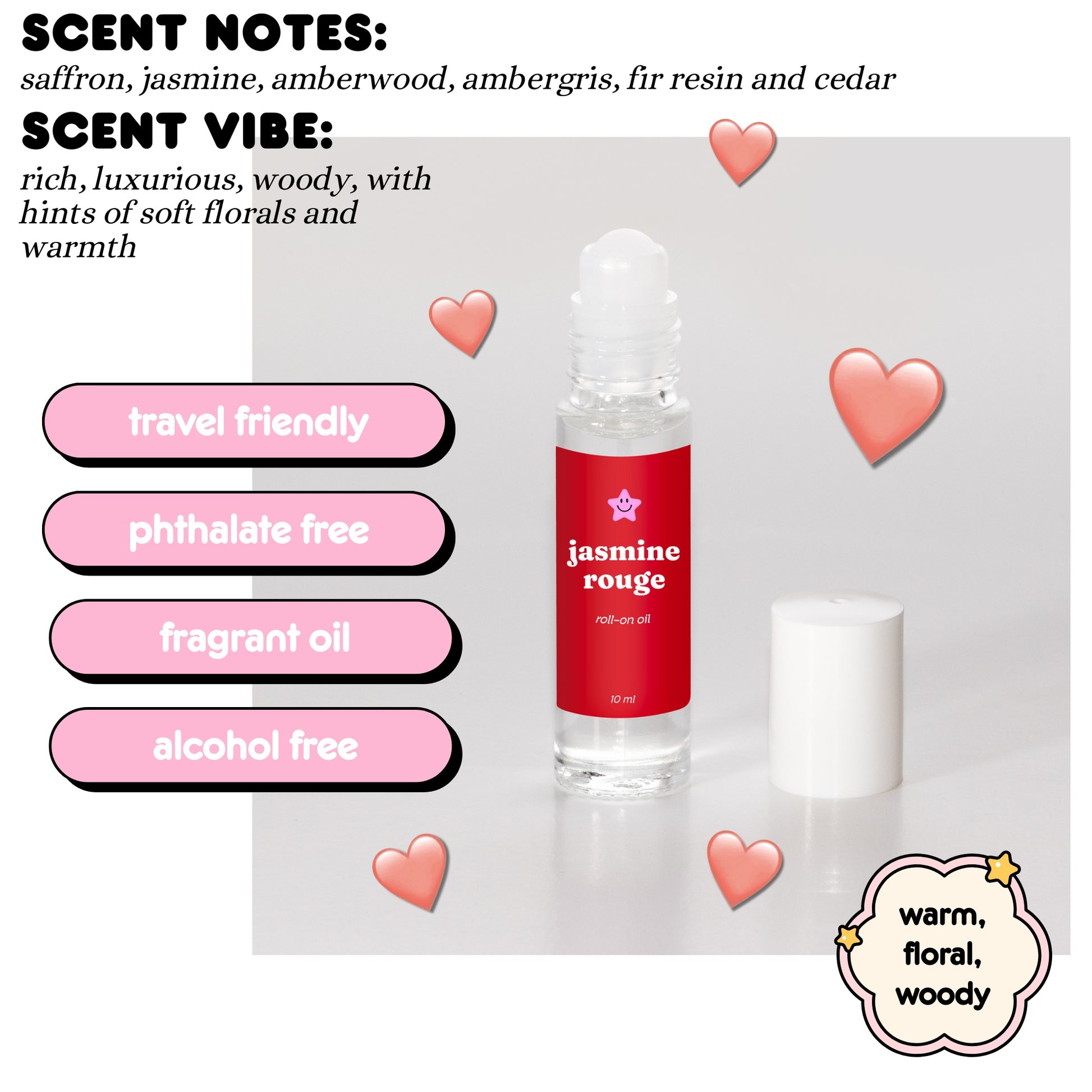Roll-on oil bottle labeled 'jasmine rouge' with scent notes and vibe description on a light gray background.
