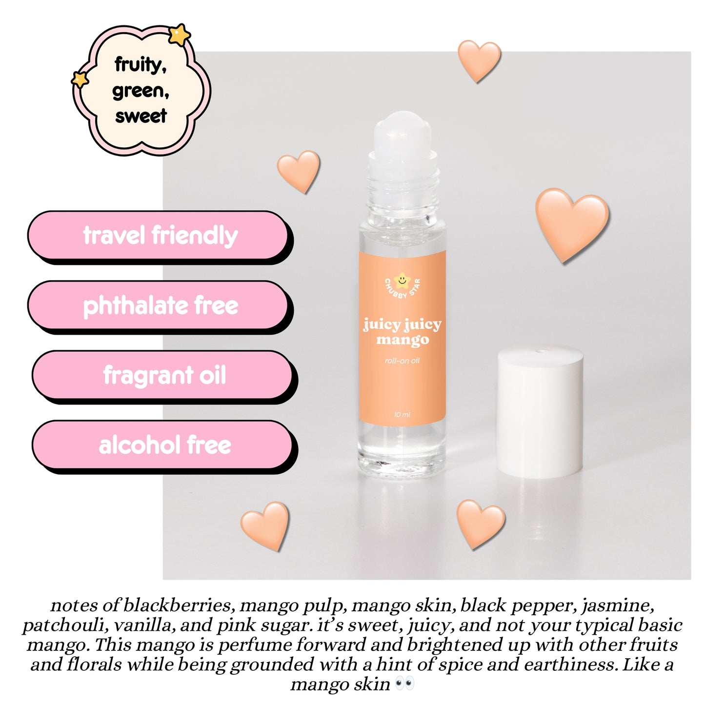 Juicy Juicy Mango perfume bottle with product features and description on a light gray background. Describing the scent notes because it's a dupe of the mango skin vilhelm perfume scent.