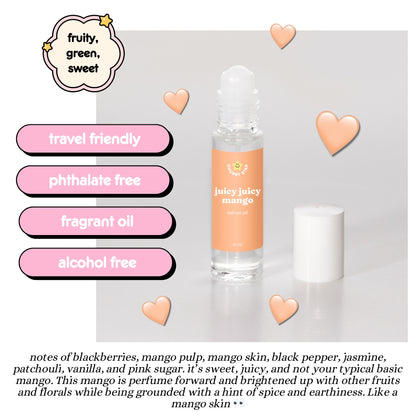 Juicy Juicy Mango perfume bottle with product features and description on a light gray background. Describing the scent notes because it's a dupe of the mango skin vilhelm perfume scent.