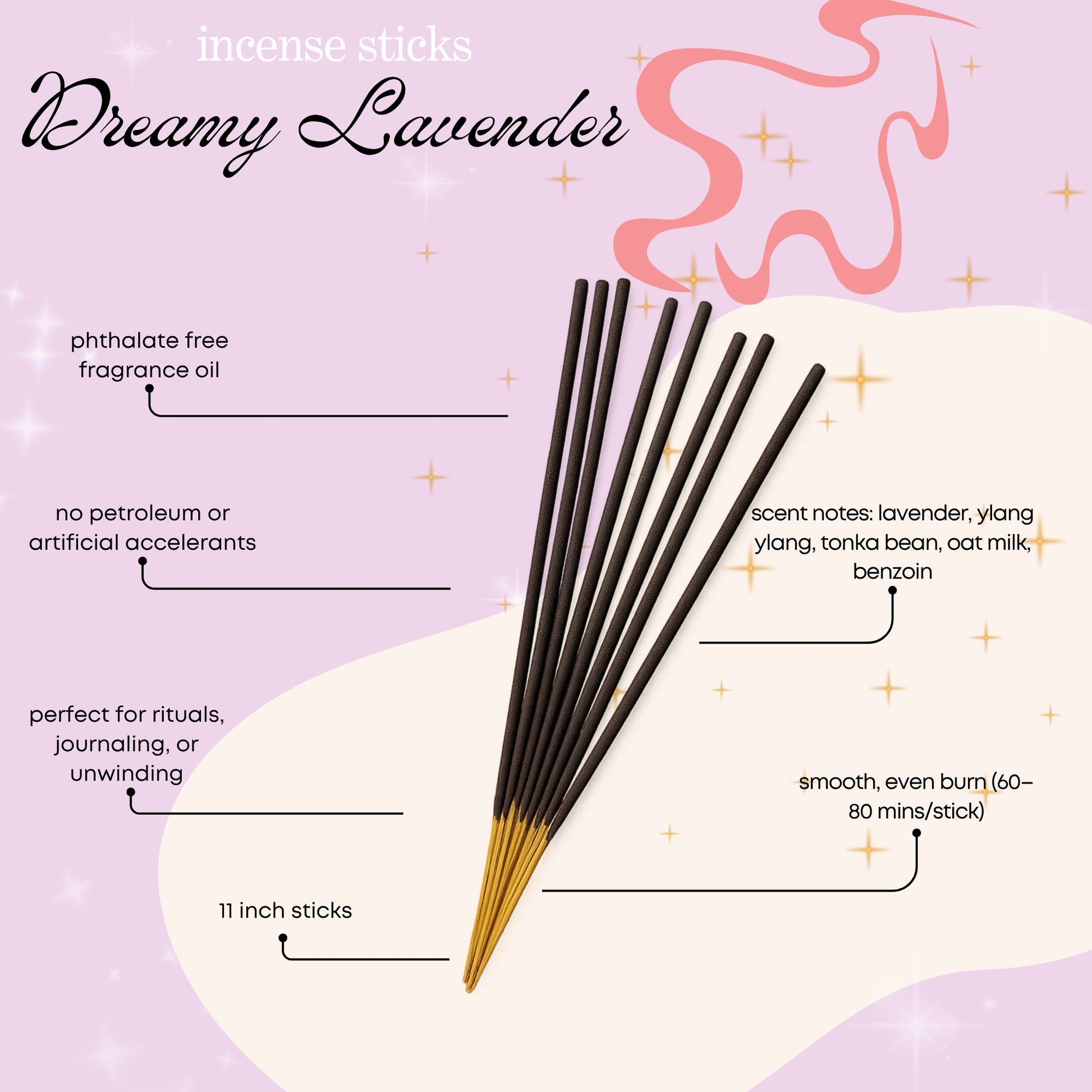 Scented incense sticks with product details on a purple background