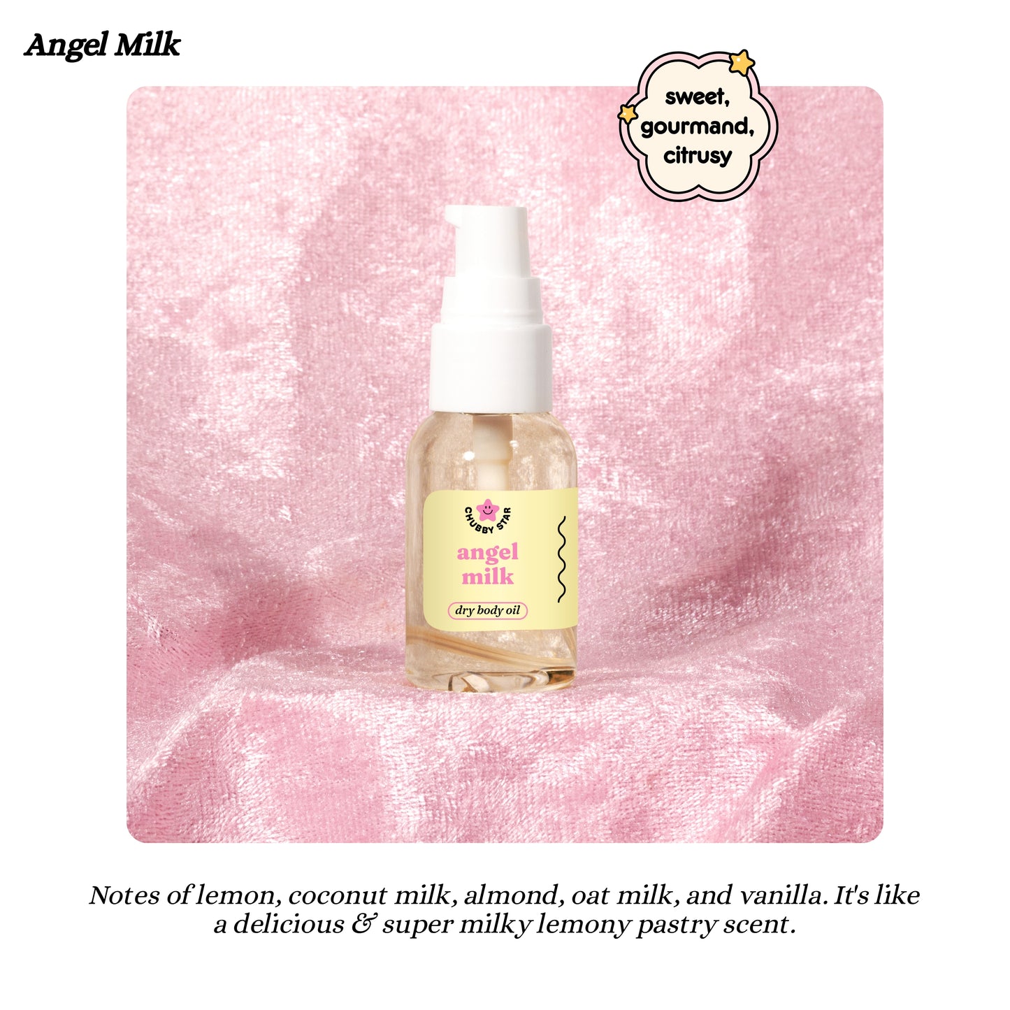 Bottle of Angel Milk dry body oil on a pink textured background