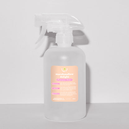 A marshmallow delight scented all purpose cleaning spray on a white background