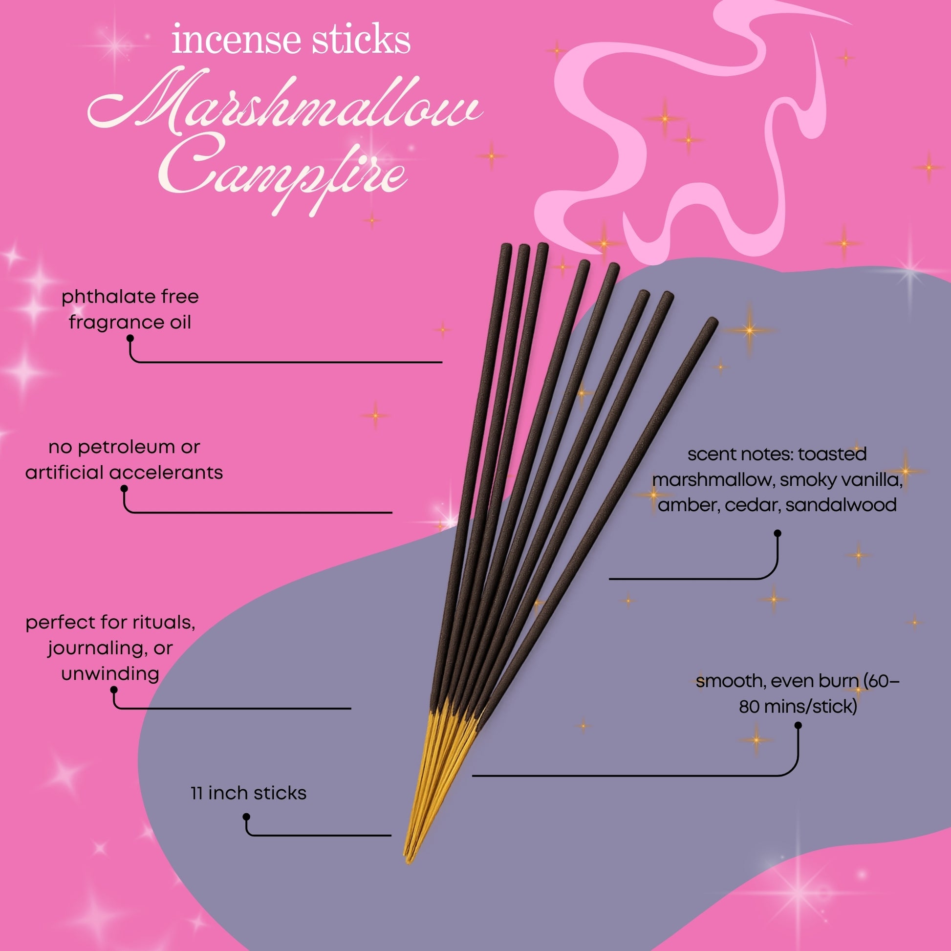 Marshmallow Campfire scented Incense sticks with product details on a pink and gray background