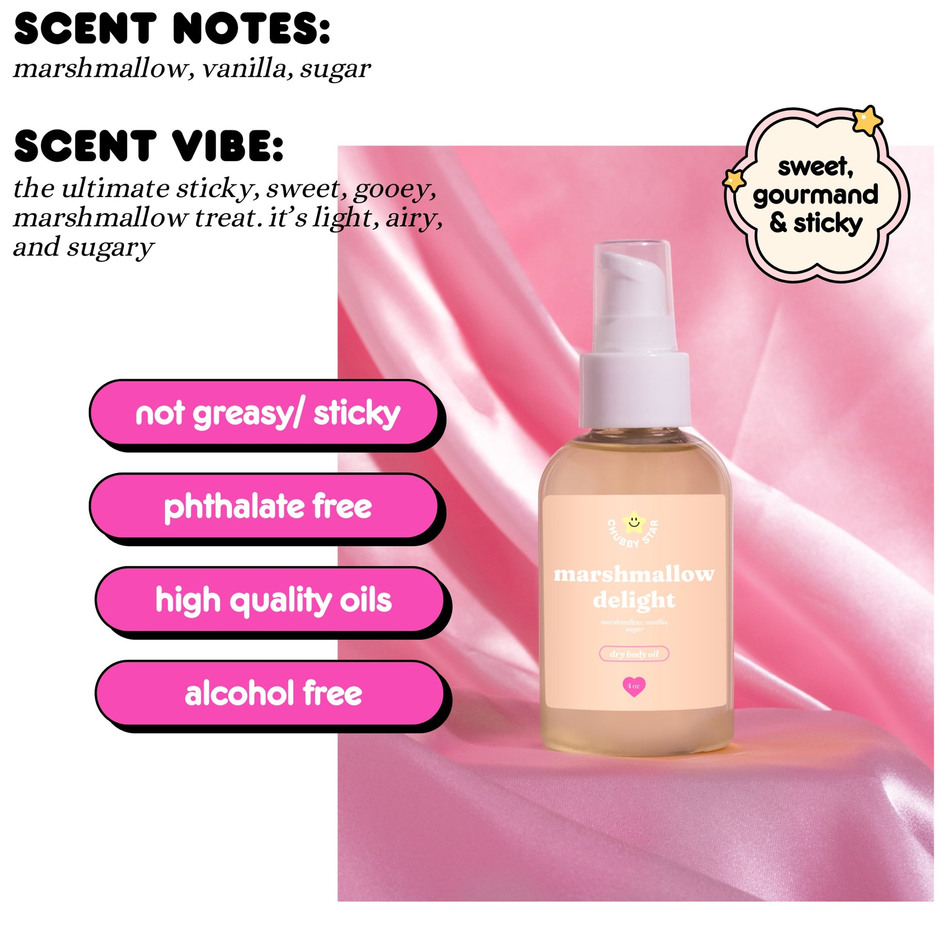 Bottle of 'marshmallow delight' with scent notes and characteristics on a pink background