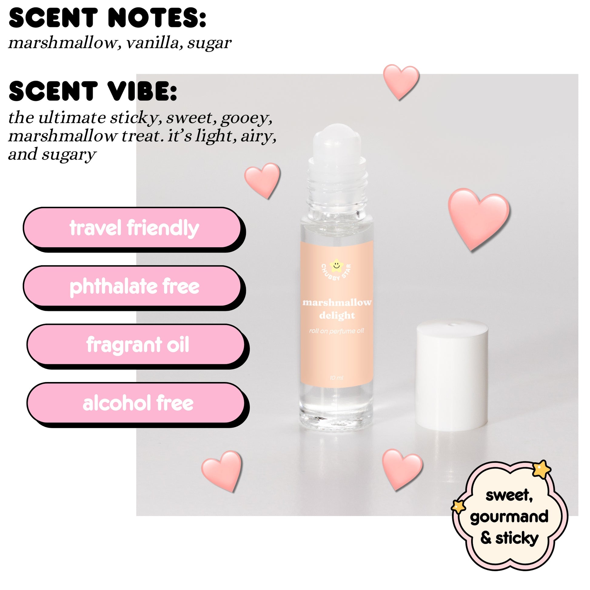 Roll-on perfume oil bottle in marshmallow delight scent with product details on a light gray background