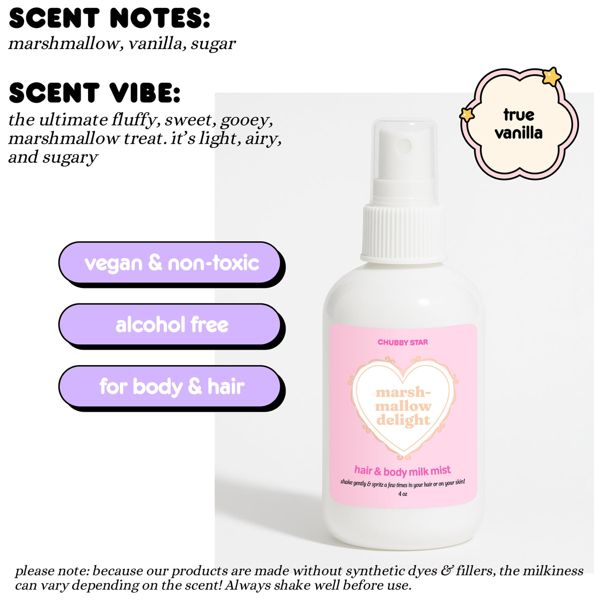 Hair and body milk mist bottle with pink label on a white background, featuring marshmallow delight scent notes and product details.