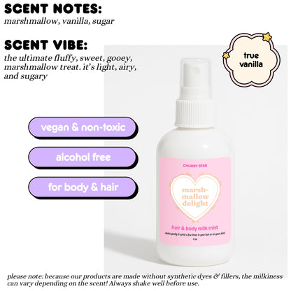 Hair and body milk mist bottle with pink label on a white background, featuring marshmallow delight scent notes and product details.