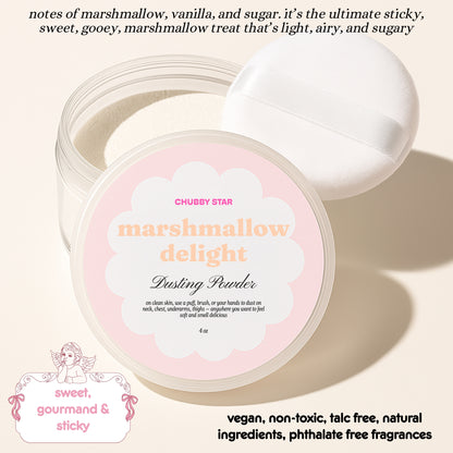 A Marshmallow Delight scented dusting powder for body on pale cream background with scent description and features.
