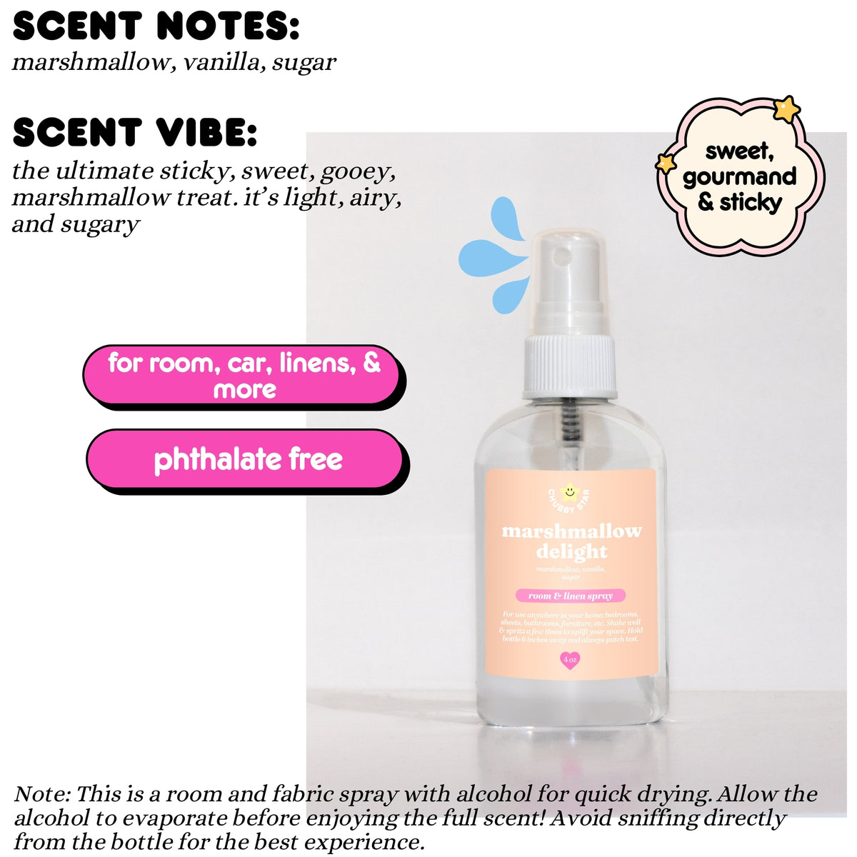 Bottle of marshmallow delight scented room and fabric spray with scent notes and description on a white background