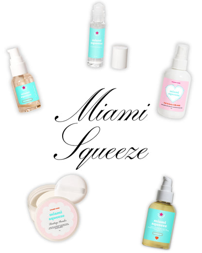 A white background photo showcasing different body care products such as dusting powder, body oil, body spray and perfume oil  in the scent called Miami Squeeze inspired by Miami Nectar
