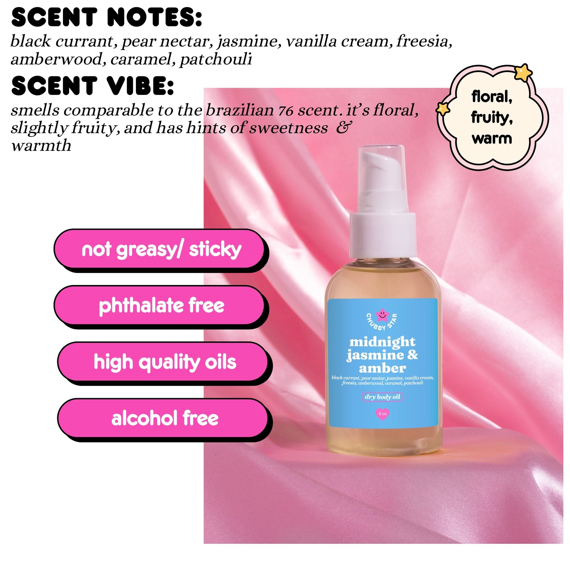 Bottle of midnight jasmine & amber body oil with scent notes and benefits on a pink background