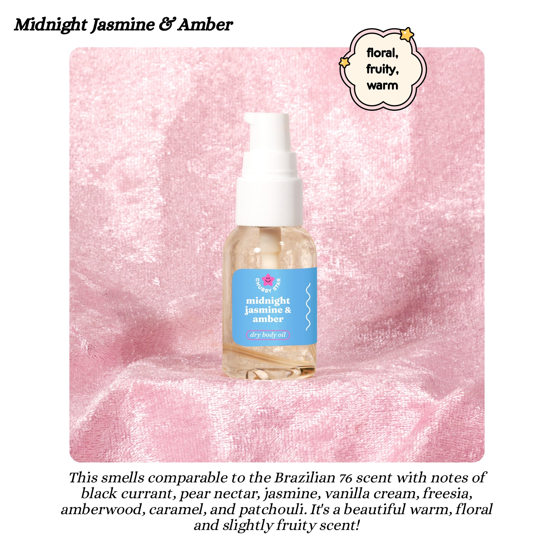 Bottle of 'Midnight Jasmine & Amber' body oil on a pink textured background