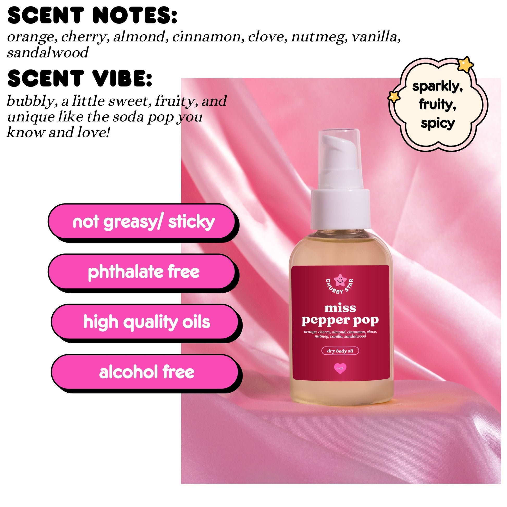 Miss Pepper Pop Dr Pepper scented dry body oil bottle with scent notes and features on a pink background