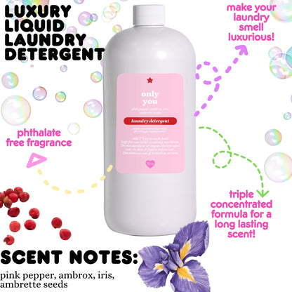 only you perfume scented bottle of liquid laundry detergent displayed with colorful bubbles in the background.
