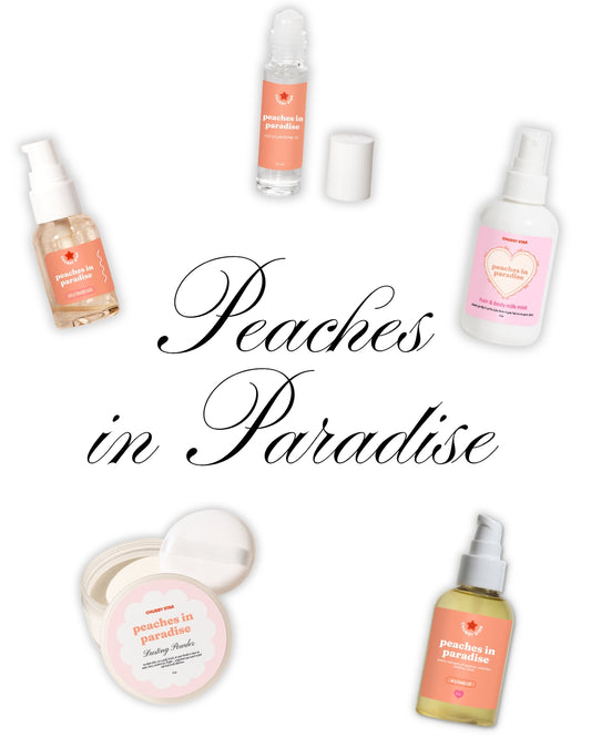 A collage showcasing different body care products such as dusting powder, body oil, body spray and perfume oil  in the scent called Peaches in Paradise inspired by kayali eden sweet peach scent