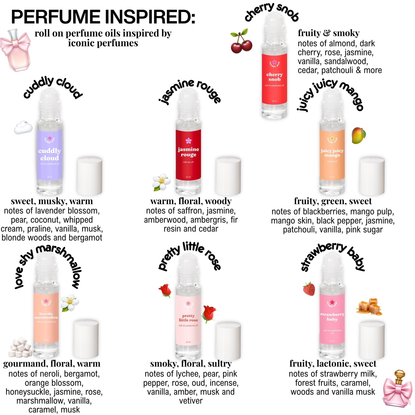 perfume dupe collection of roll-on perfume oils with product names and descriptions on a white background