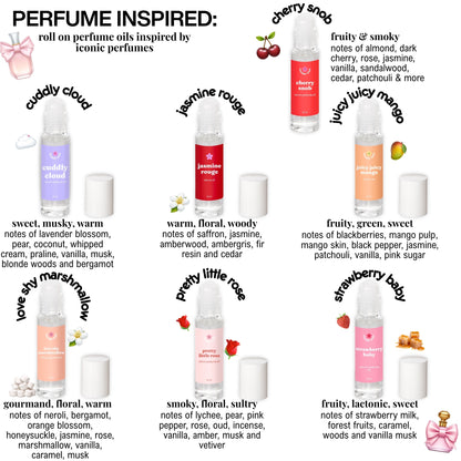 perfume dupe collection of roll-on perfume oils with product names and descriptions on a white background