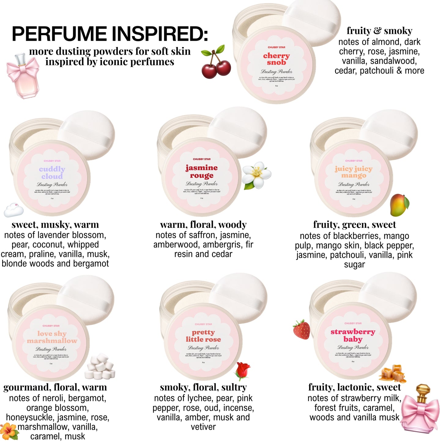 Dusting powders inspired by iconic perfumes with product names and descriptions.