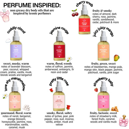 Collection of non-greasy dry body oils inspired by iconic perfumes with product names and descriptions.
