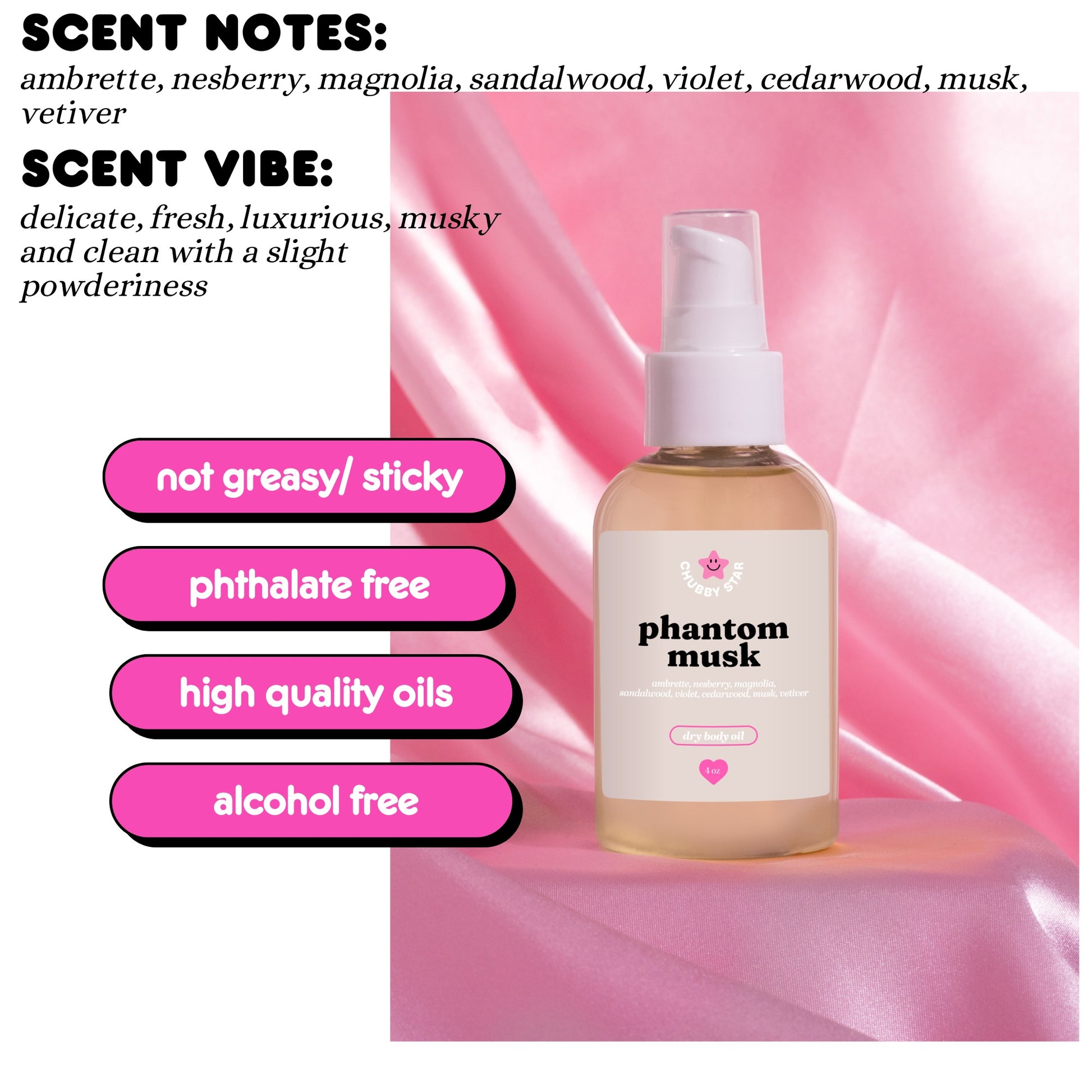 Bottle of 'phantom musk' with scent notes and benefits on a pink background
