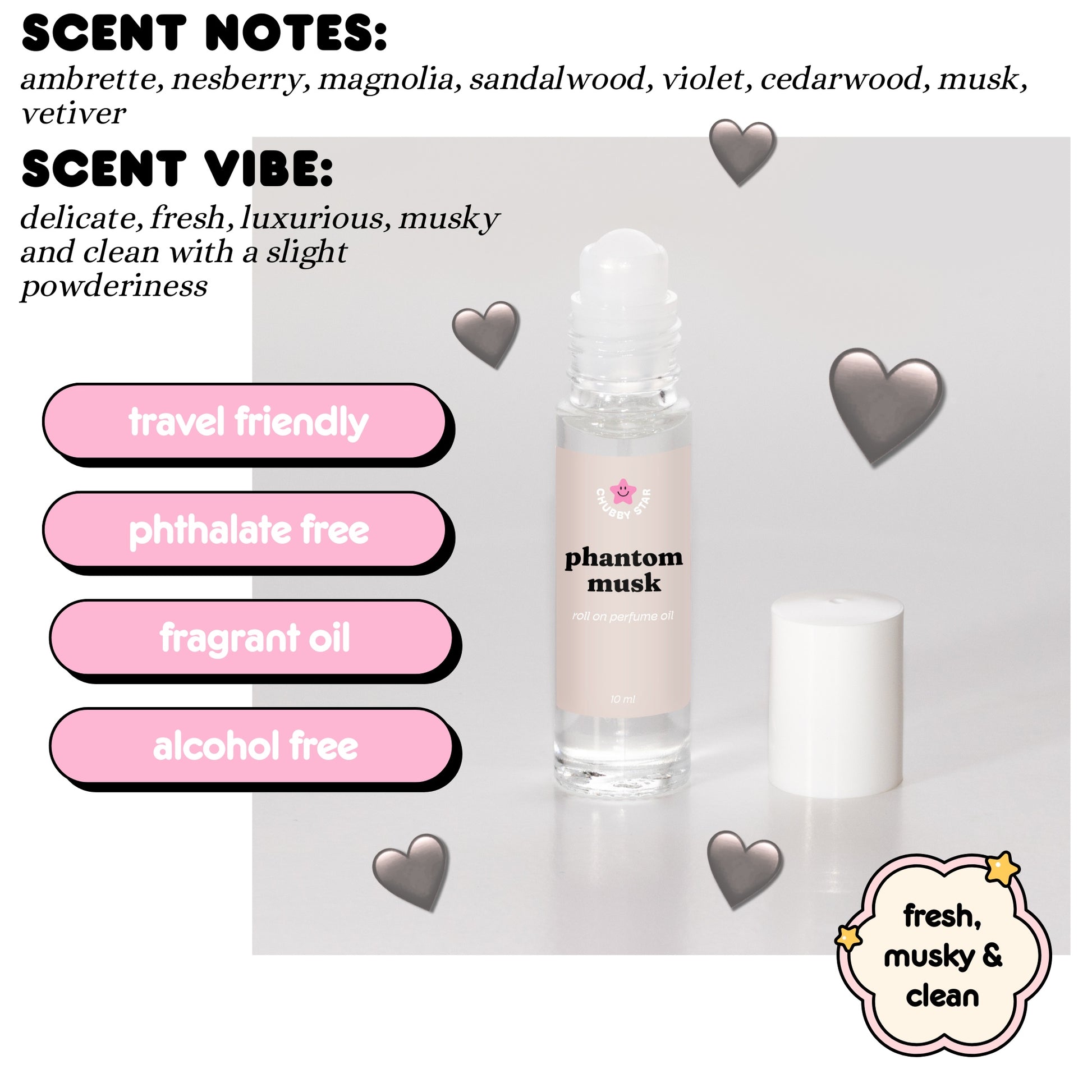 Roll-on bottle labeled 'phantom musk' with scent notes and vibe description on a light gray background.