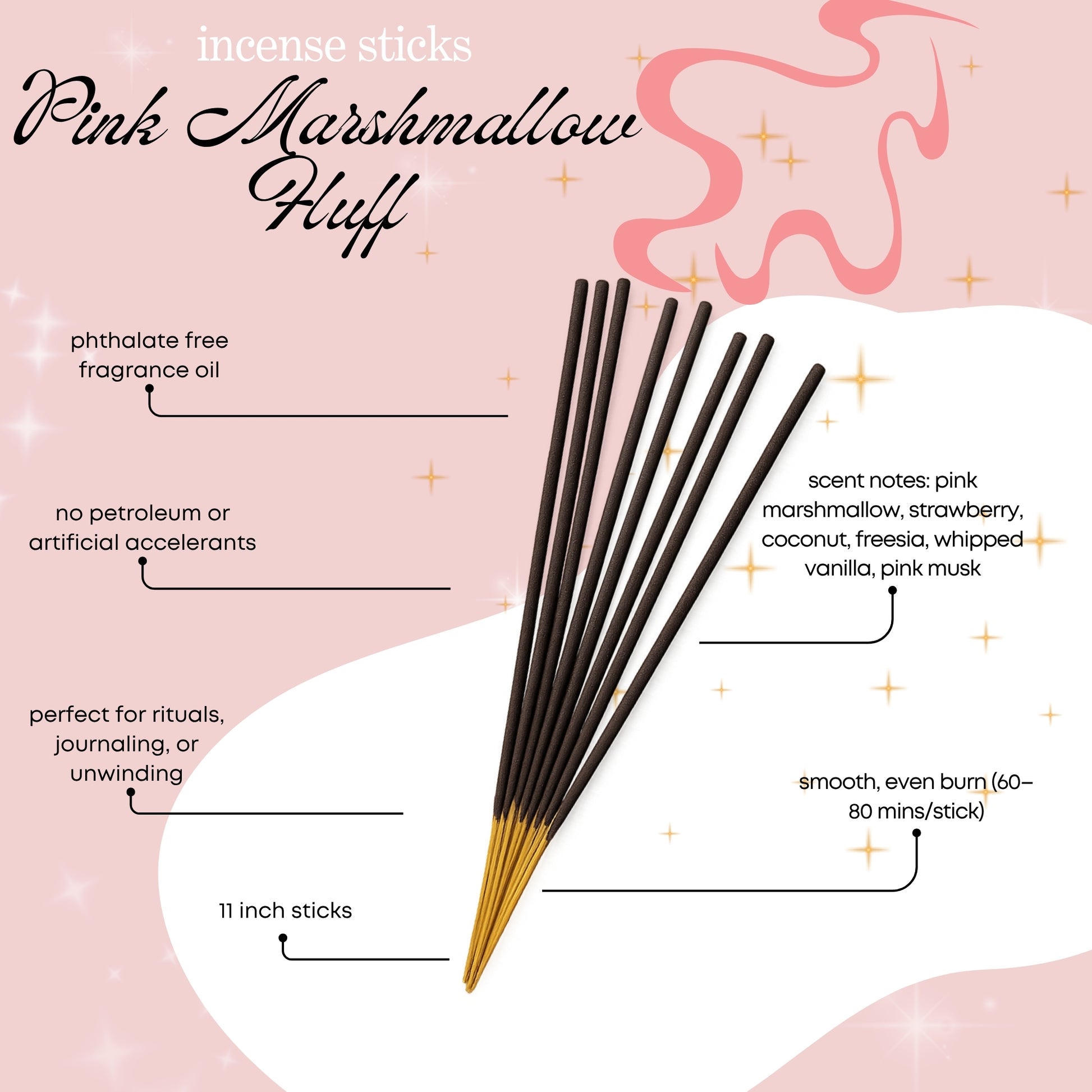 Kayali Yum Boujee Marshmallow dupe scented incense sticks with product details on a pink background, made by Chubby Star