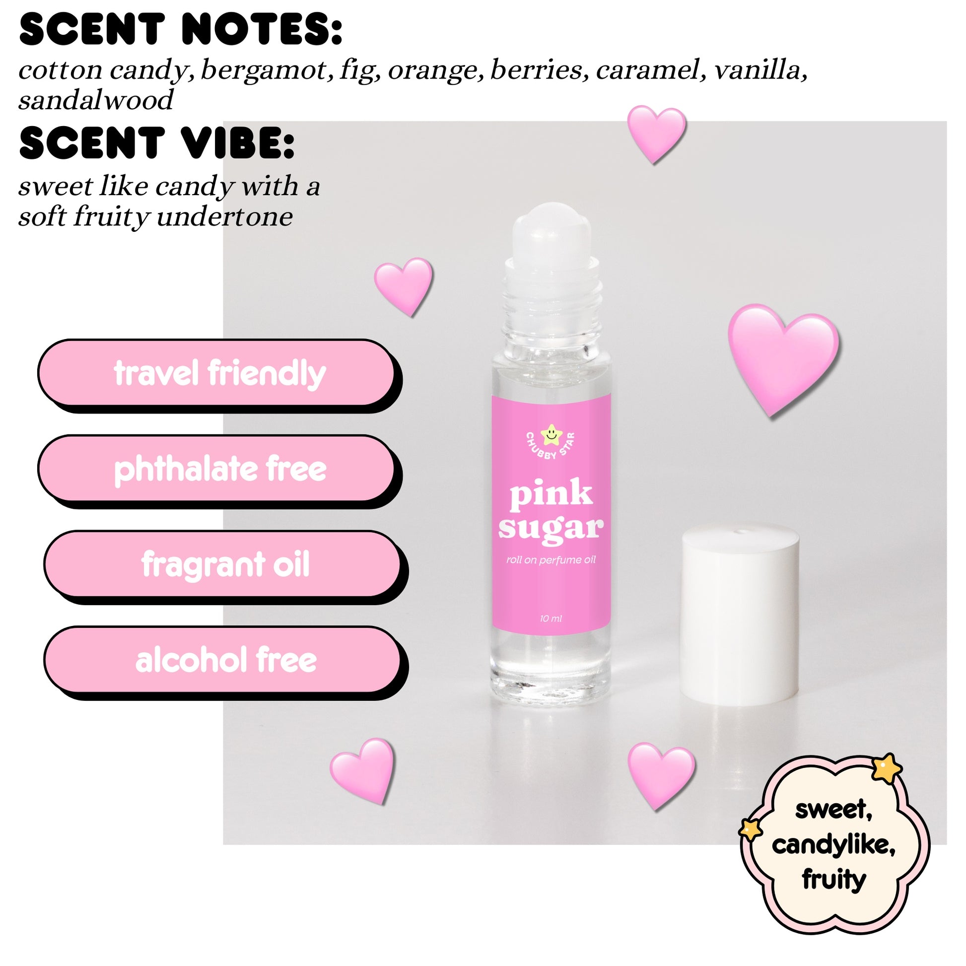 Pink sugar scented oil bottle with scent notes and vibe description on a light gray background