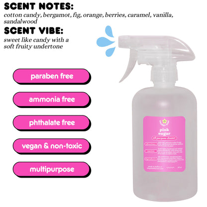 A graphic showing the viral Tiktok brand Chubby Star's amazing scented Pink Sugar all purpose/ multipurpose cleaning spray that is a scent dupe of the iconic pink sugar scent that smells like cotton candy and fruity vanilla.