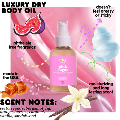 Pink sugar scented body oil on a white background with scent desciptions