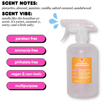 A graphic showing the viral Tiktok brand Chubby Star's amazing scented Pistachio & Salted Caramel all purpose/ multipurpose cleaning spray that is a scent dupe of the viral SDJ brazilian cheirosa 62 bum bm cream scent