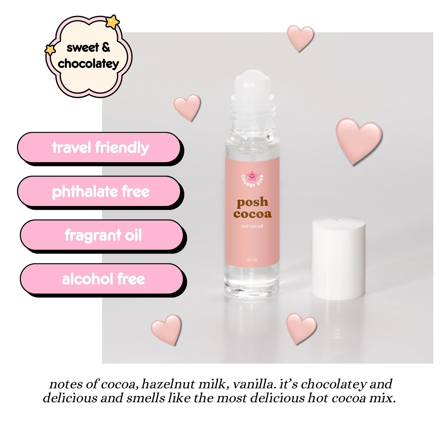 Posh Cocoa fragrant oil bottle with product features and description on a light gray background, which is a dupe for lush posh chocolate - a chocolate perfume scent.