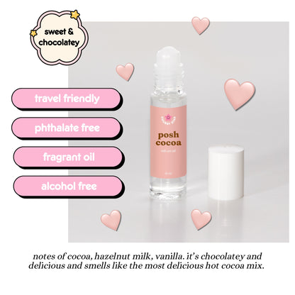 Posh Cocoa fragrant oil bottle with product features and description on a light gray background, which is a dupe for lush posh chocolate - a chocolate perfume scent.