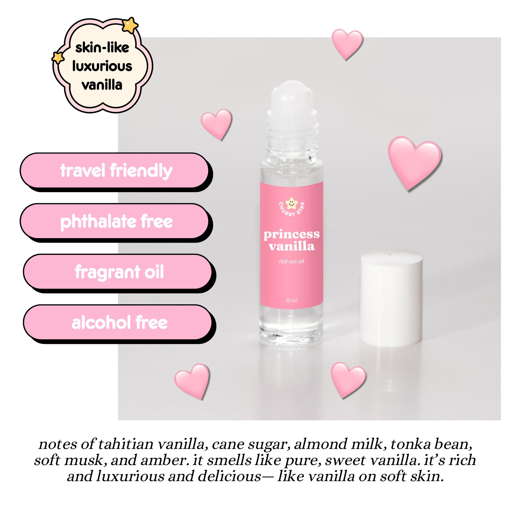 Princess Vanilla Scented perfume oil bottle with product features and description on a light gray background, which is a dupe of the Indult Tihota vanilla perfume.