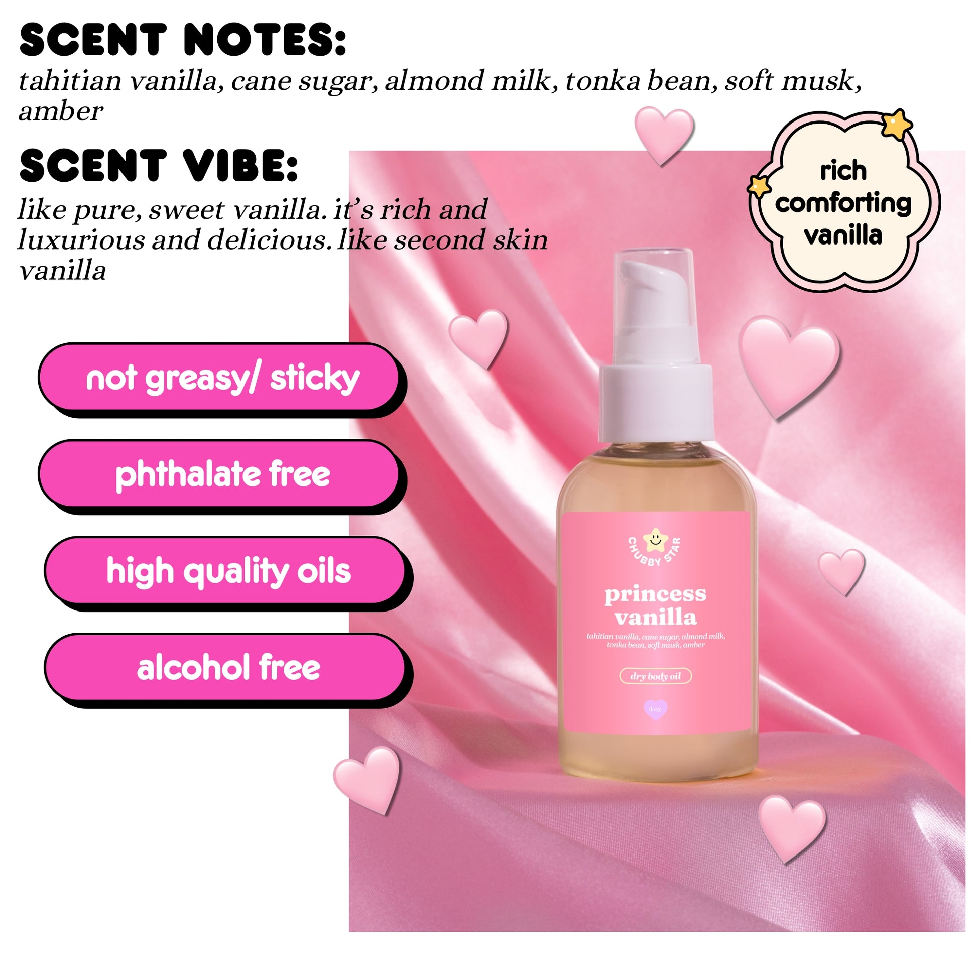 bottle of 'princess vanilla' body oil with scent notes and benefits on a pink background