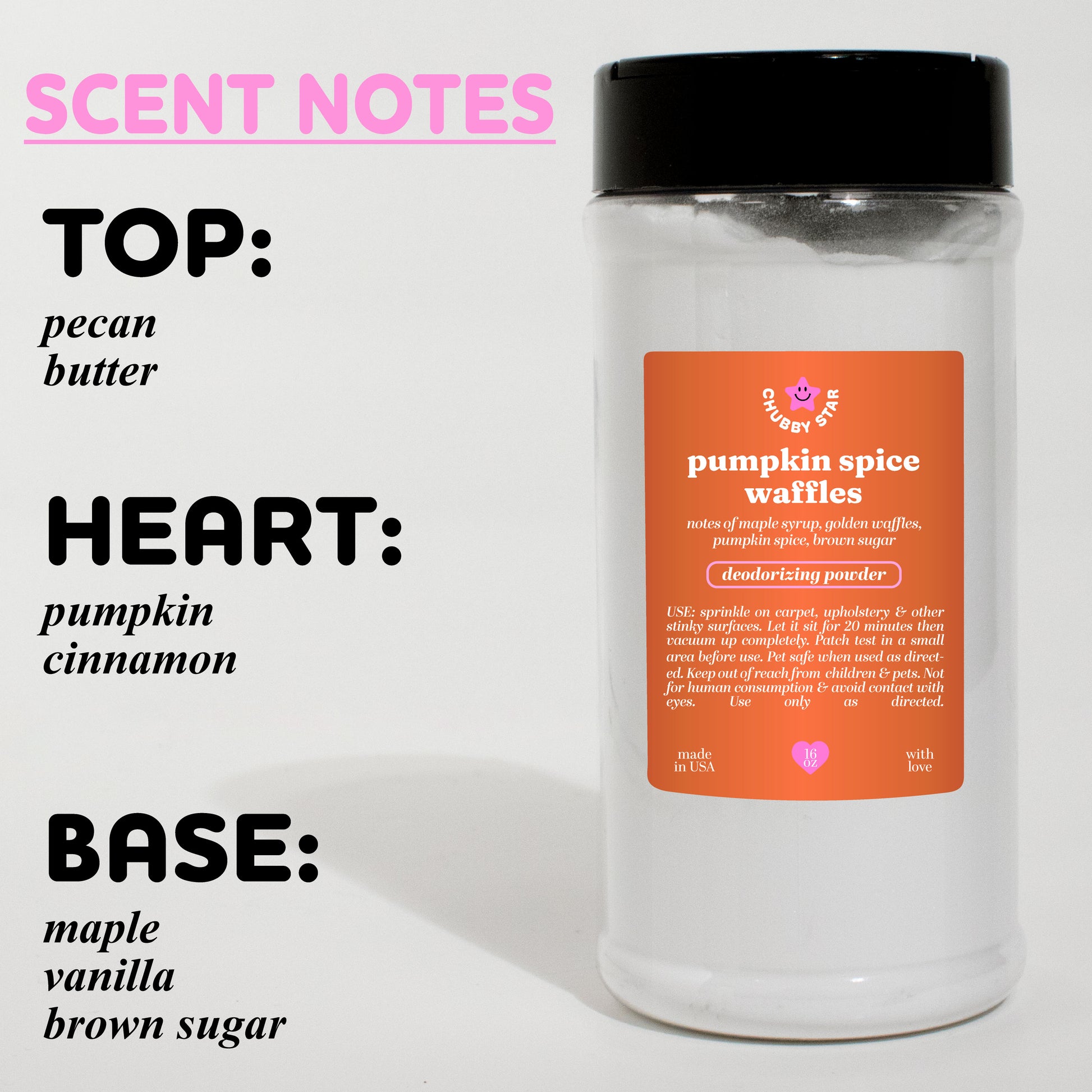 pumpkin spice waffles scented carpet and upholstery freshening powder scent description on a white background