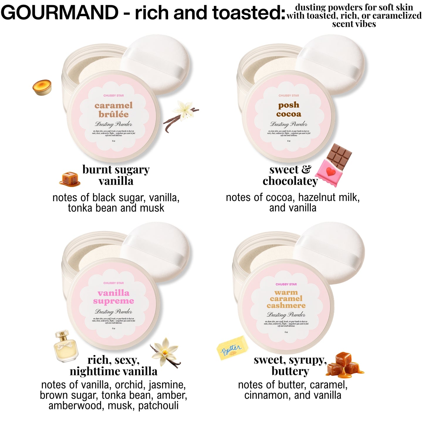 Four containers of 'Gourmand' dusting powders with descriptions of their scents.