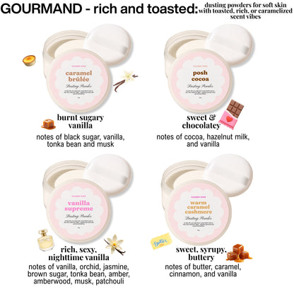 Four containers of 'Gourmand' dusting powders with descriptions of their scents.