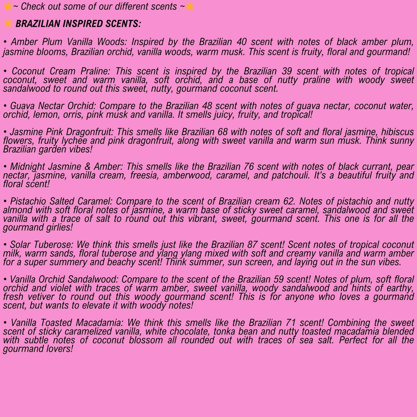 Text description of SDJ Brazilian Crush inspired scents on a pink background