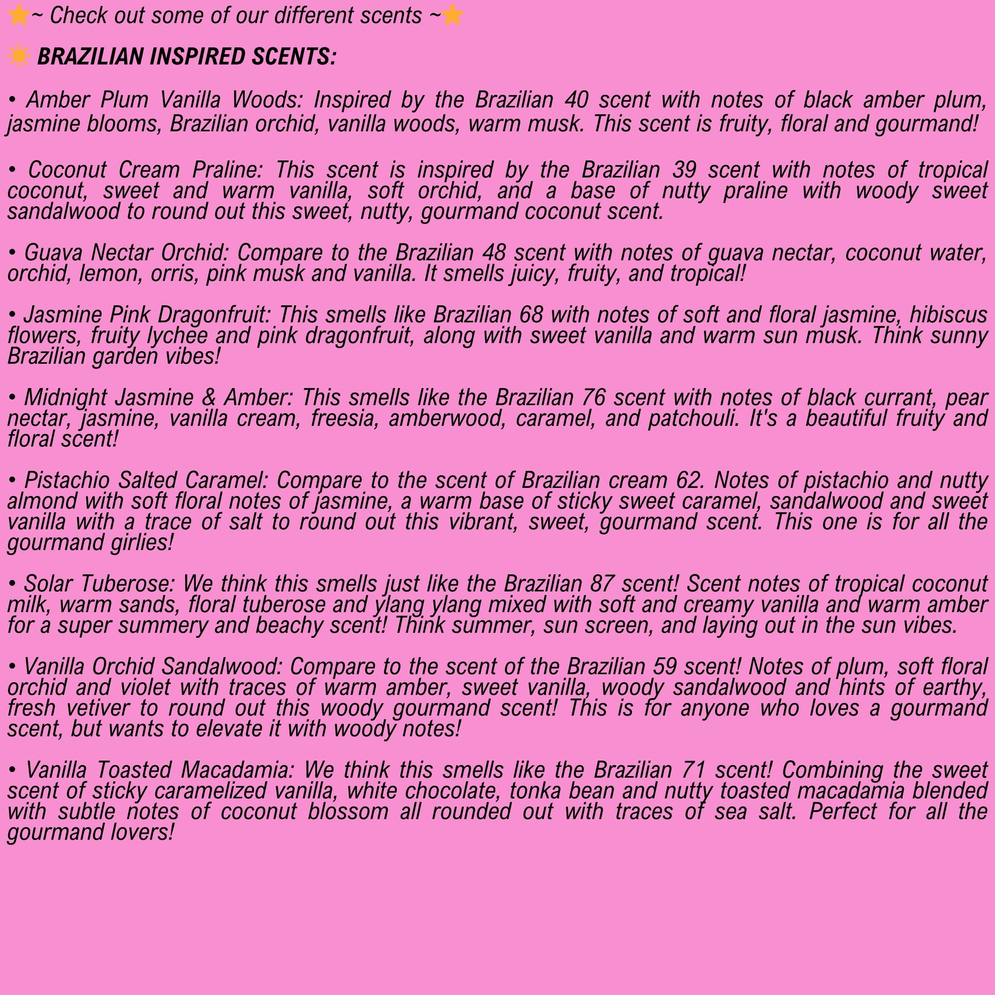 Text description of SDJ Brazilian Crush inspired scents on a pink background